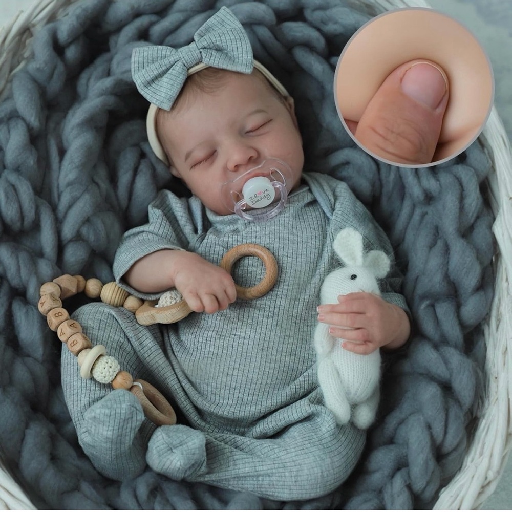SMOC Realistic Girl Baby Doll Gray Romper with Headband and Pacifier